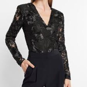 Express Women’s Black Rosette Floral Lace Crochet Deep V Neck Bodysuit NWT